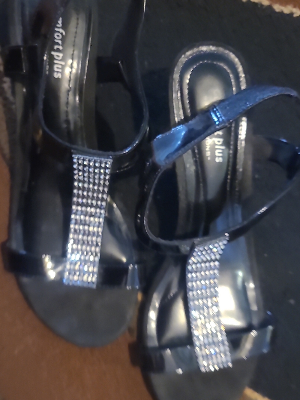 comfort plus by Predictions Black T-Strap Heeled Sandals with Rhinestone Accent